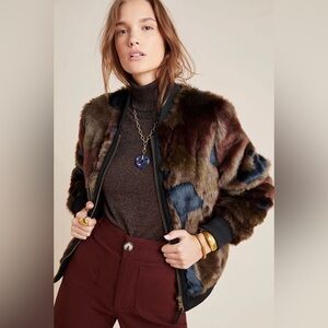 Marrakech Anthropologie Alyssa Camo Bomber Faux Fur Jacket Green/Brown Size S